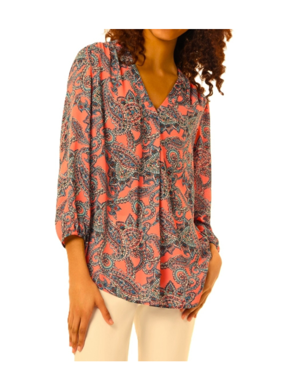 Jones New York Women's Large Petite Coral Printed V-Neck 3/4 Sleeve Top NWT